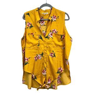 Speed Limit Women Top Blouse Floral VNeck Button Tie Waist Sleeveless Yellow 1X*
